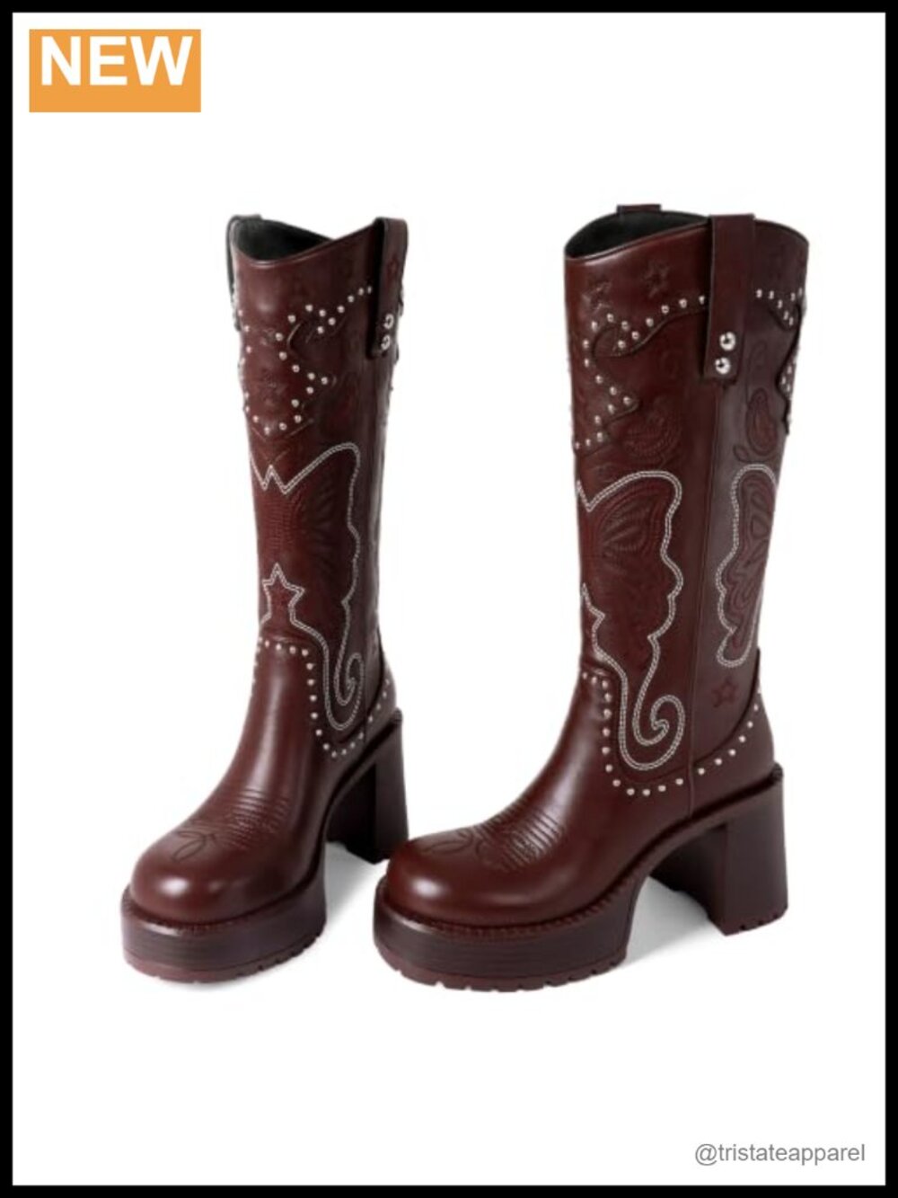 Women's Knee High Western Boots Leather Chunky Platform Heel